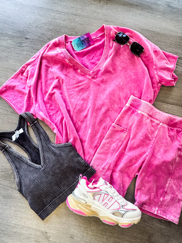 Here We Go - V Neck and Biker Short Set Pink