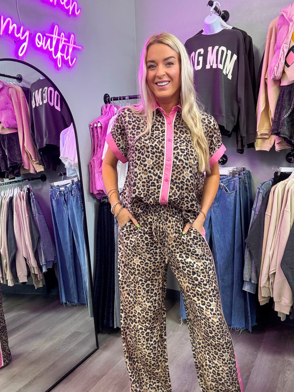 Wild Thing Leopard and Pink Button Down Set