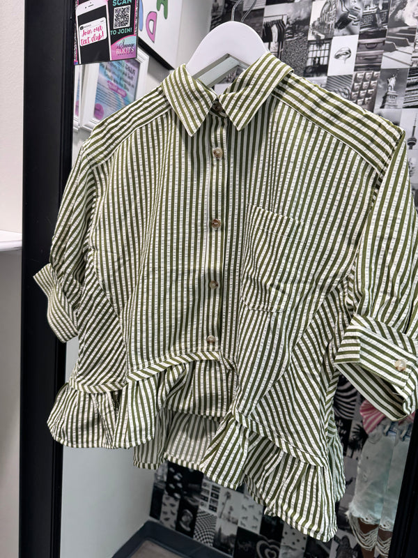 Olive Green Ruffle Stripe Top