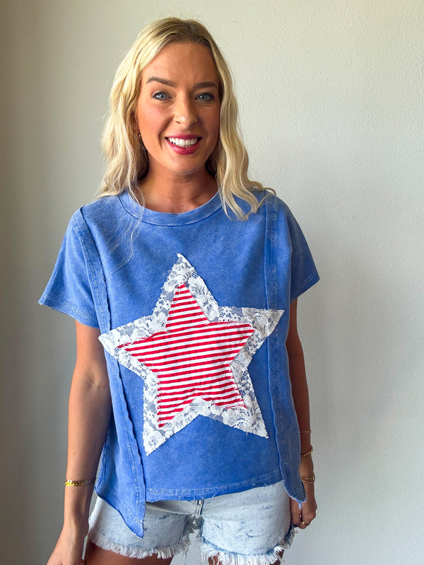 Mineral Washed Usa Stripe Star Lace Patch Knit Top