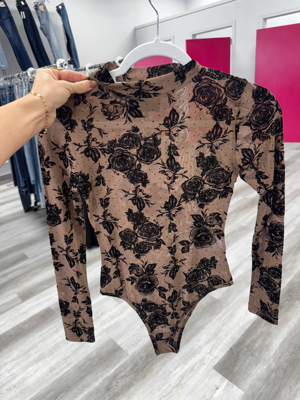 Mocha and Black Floral Rhinestone Mesh Top Bodysuit