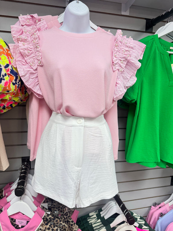 Dreamy Moment Pearl Ruffle Sleeve Top