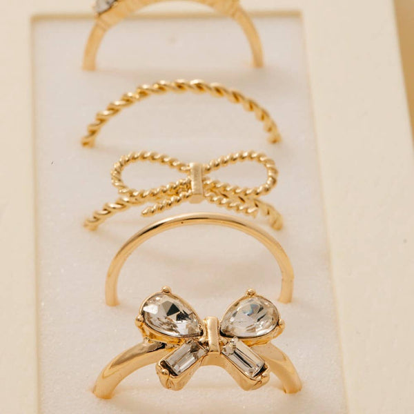 5Pc Dainty Rhinestone Bow Band Rings Set