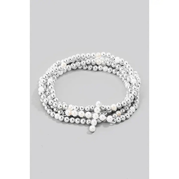 Silver Pearl and Beaded Cross Set of 5 Stretch Bracelets