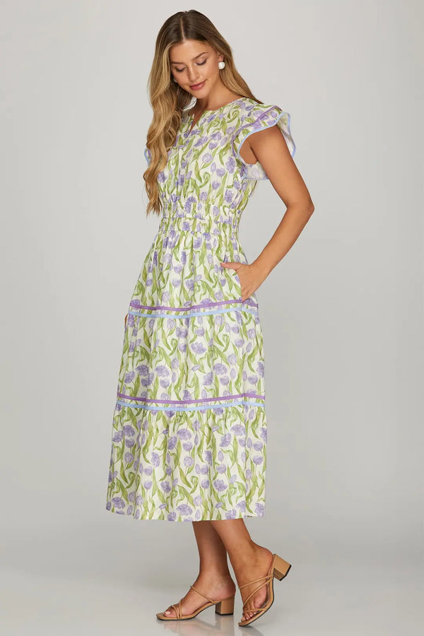 Tulip Fields Smocked Midi Dress | Lavender