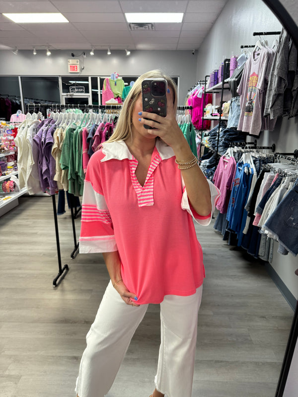Coral and Neon Collar Casual Top