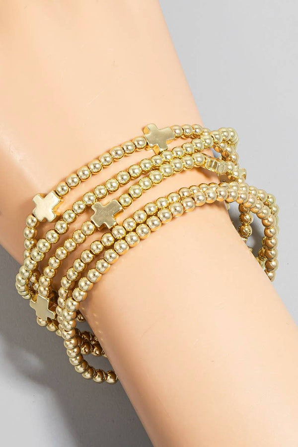 Metallic Cross Charms Beaded Bracelet Set