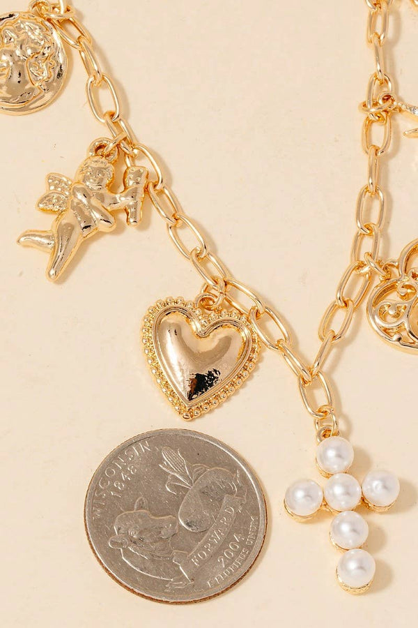 Pearl And Metallic Heart Cross And Cherub Charms Chain Necklace