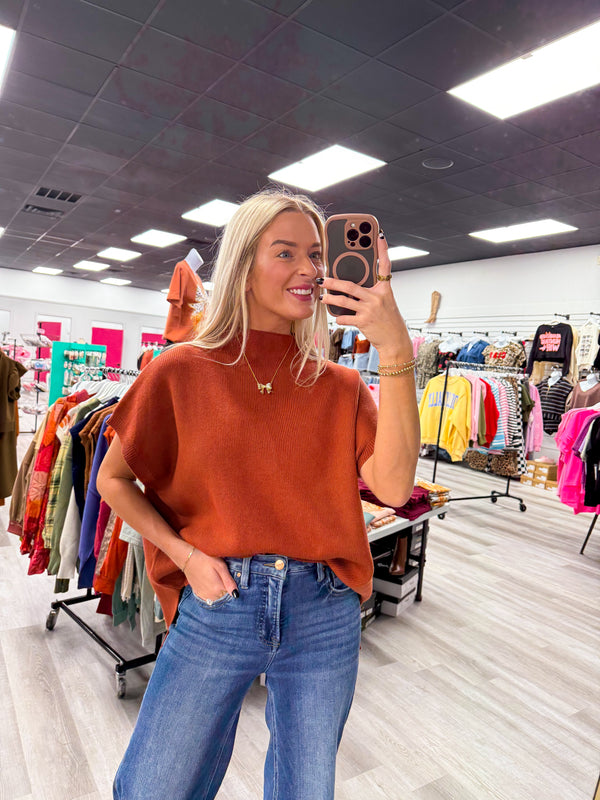 Ribbed Knit Short Dolman Sleeves Top Rust