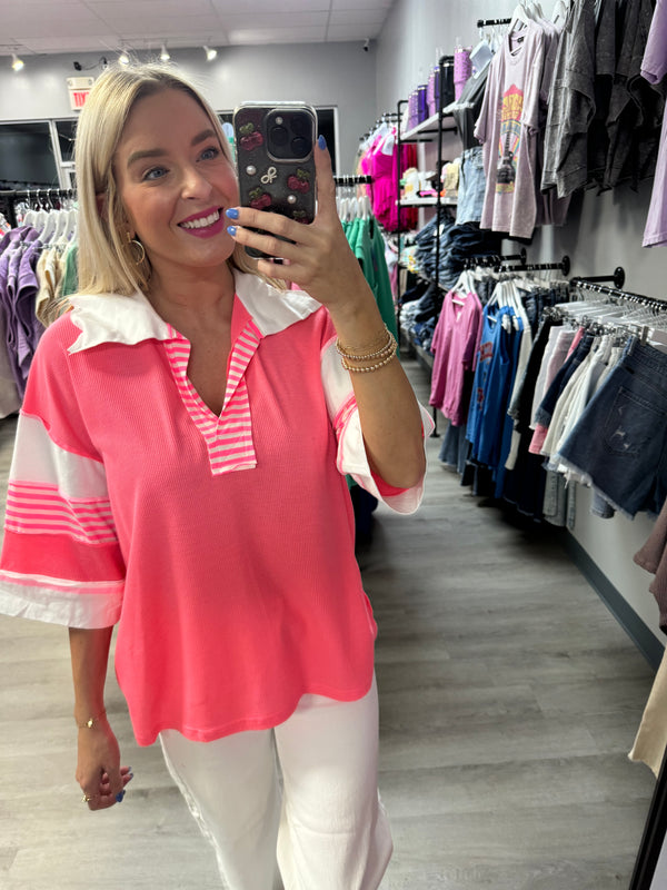 Coral and Neon Collar Casual Top