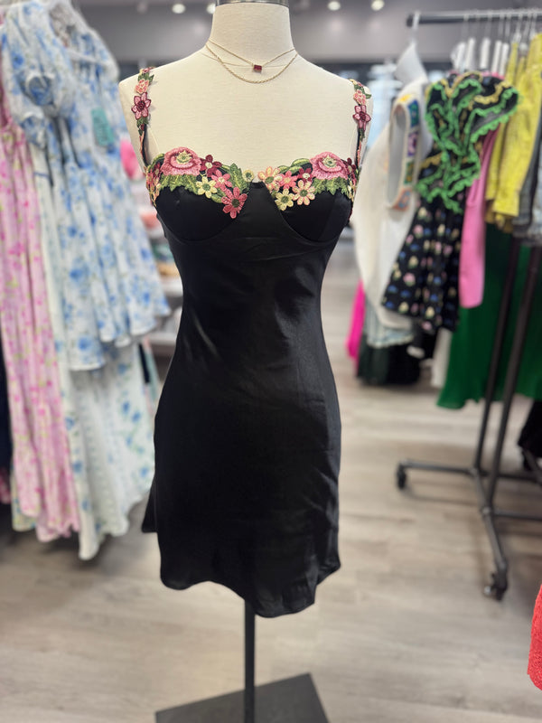 High Confidence Floral Trim Satin Dress