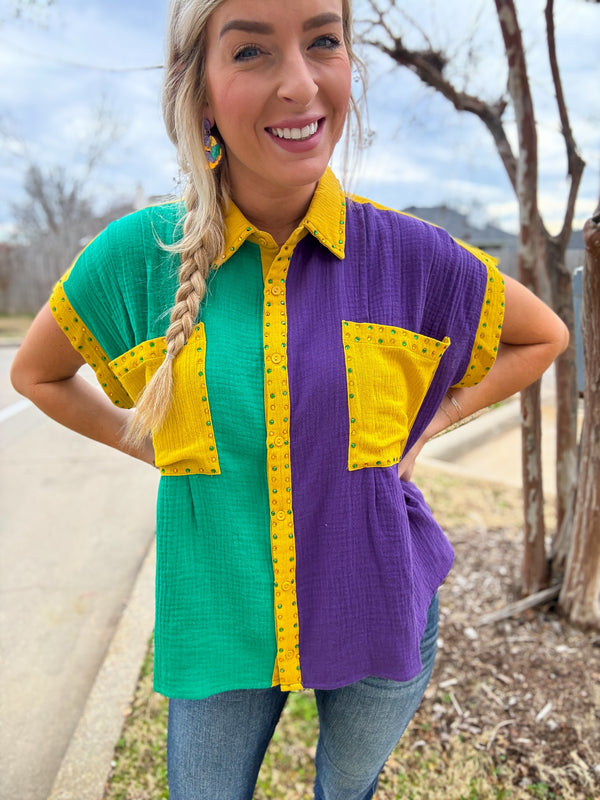 Parade Day Rhinestone Mardi Gras Color Block Top