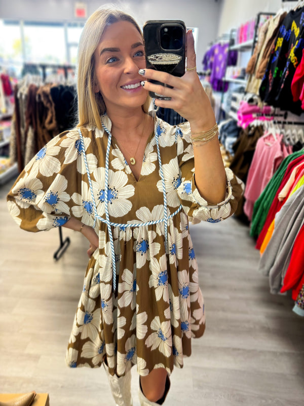 Blue and Brown Floral Dress