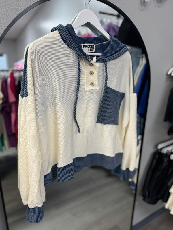 Navy Drawstring Color Contrast Ribbed Top