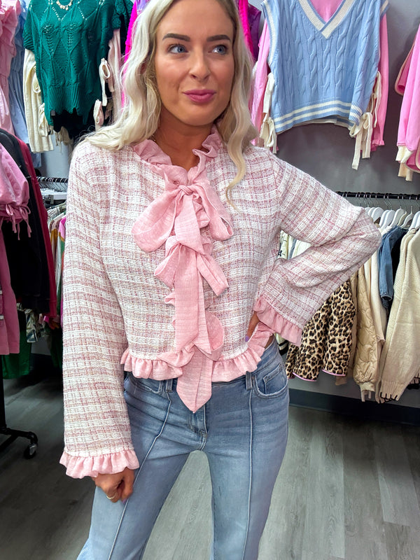 Tweed Ruffle Bow Tied Jacket Top
