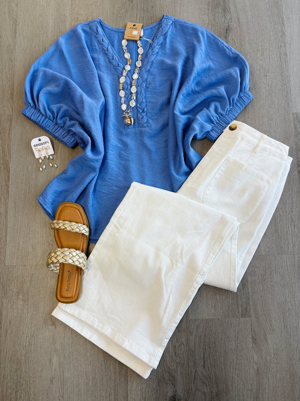 Braided Collar Detail Top Light Blue