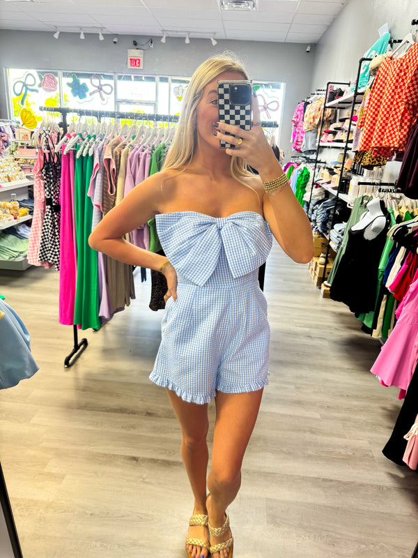 Gingham Print Light Blue Bow Romper