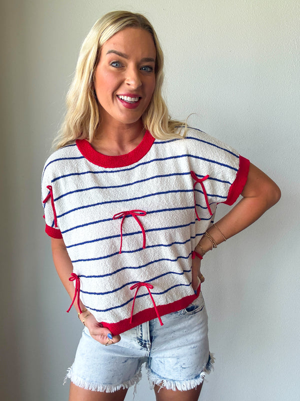 Bow Patch Stripe Loose Fit Crop Sweater Top