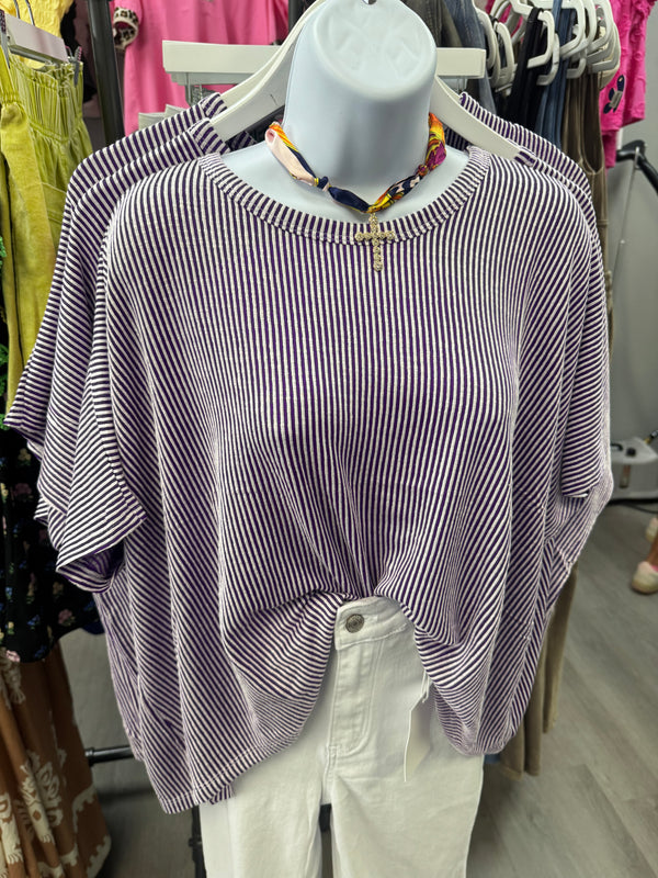 Ribbed Striped Oversized Short Sleeve Top