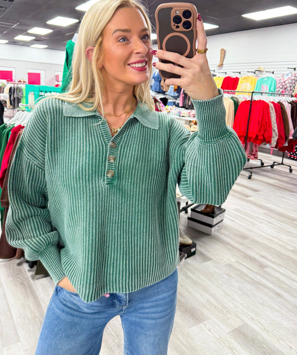 Dark Green Washed Collared Henley Shirts Sweater