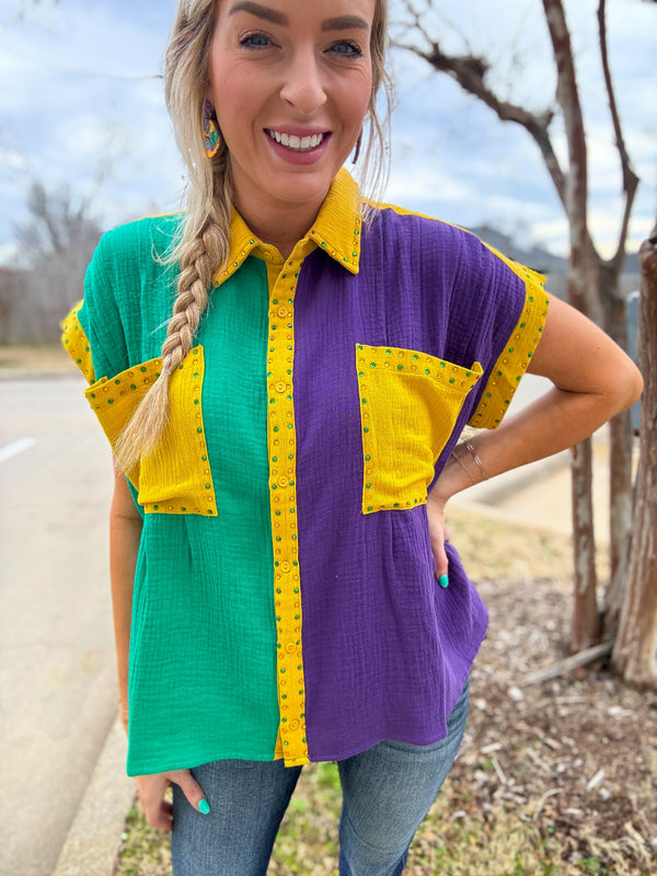 Parade Day Rhinestone Mardi Gras Color Block Top