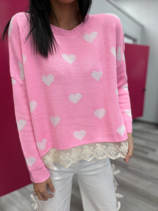 Baby Pink Lace Trim Heart Sweater