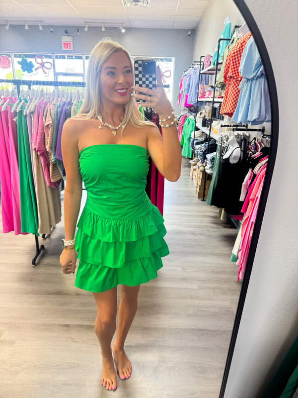 Green Strapless Ruched Tiered Ruffle Mini Dress