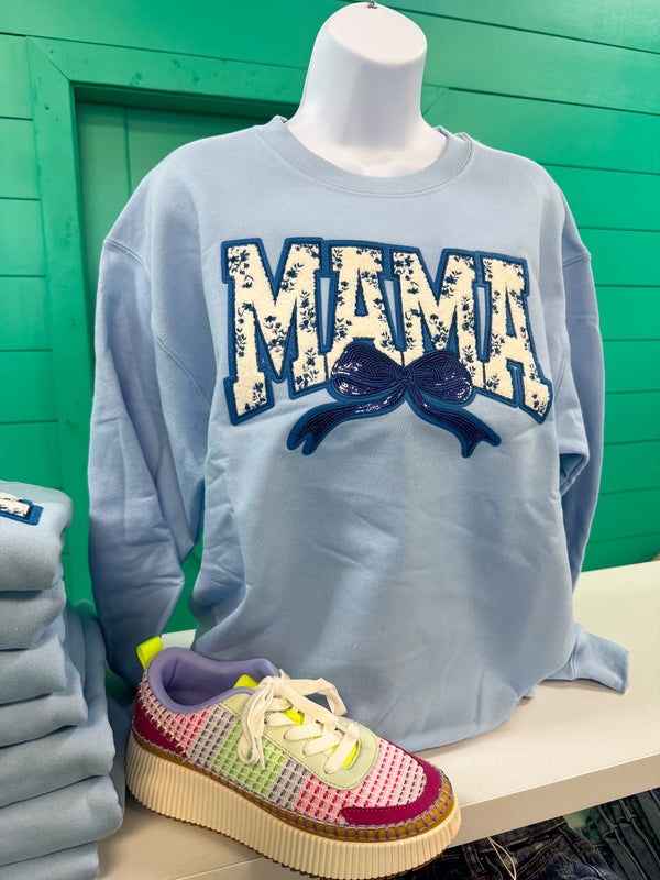 Mama Light Blue Navy Patch Bow Sweatshirt