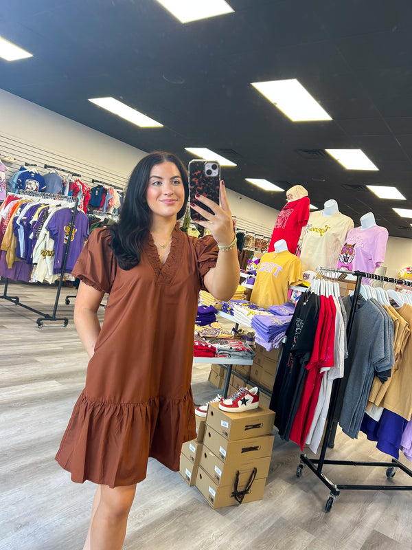 Drawn To You V-Neck Dress - Warm Brown