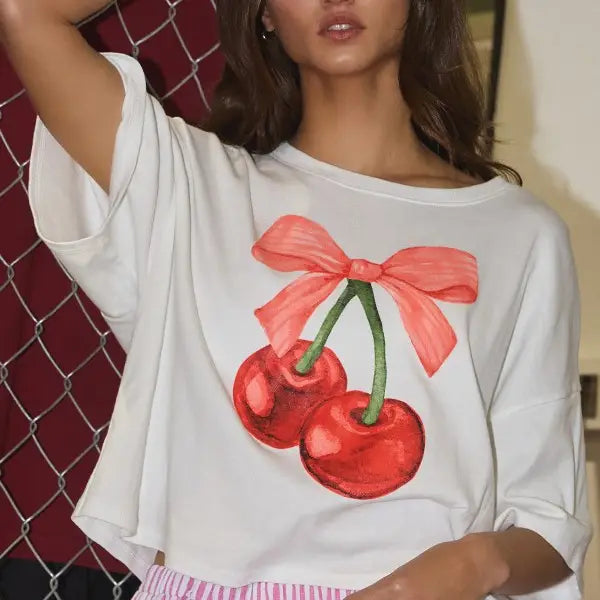 Cherry and Ribbon Graphic Jersey Boxy Crop Top
