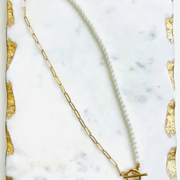 Half Pearl Half Paper Clip Chain Letter Necklace