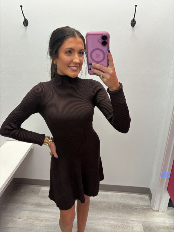 Chocolate Mock Neck Flare Long Sleeve Dress
