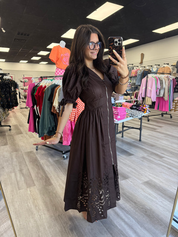 Nice to Meet You Chocolate Zip Midi Dress