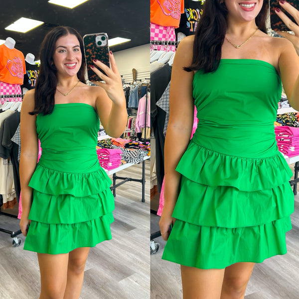Green Strapless Ruched Tiered Ruffle Mini Dress