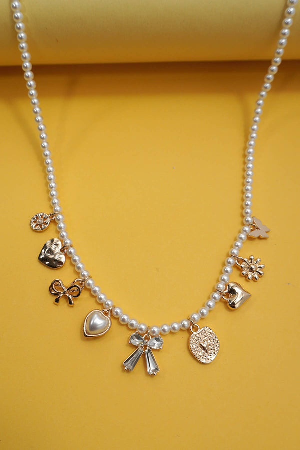 CHARM NECKLACE-BOW SUNFLOWER HEART PEARL CHAIN