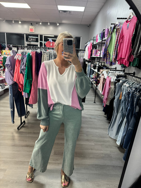 Ribbed Seafoam and Pink Top