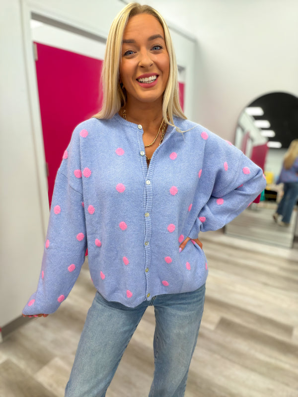 Classic Charm Polka Dot Cardigan | Blue and Pink