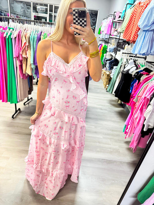 Pink Rose Bow Ruffle Maxi Dress