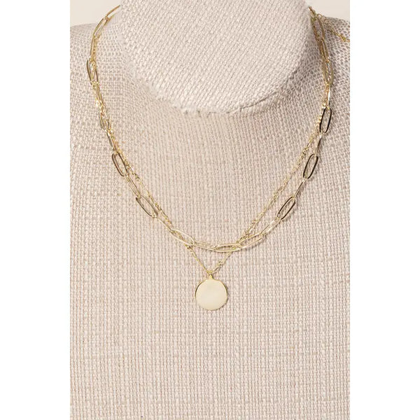 Layered Chain Circle Disc Pendant Necklace