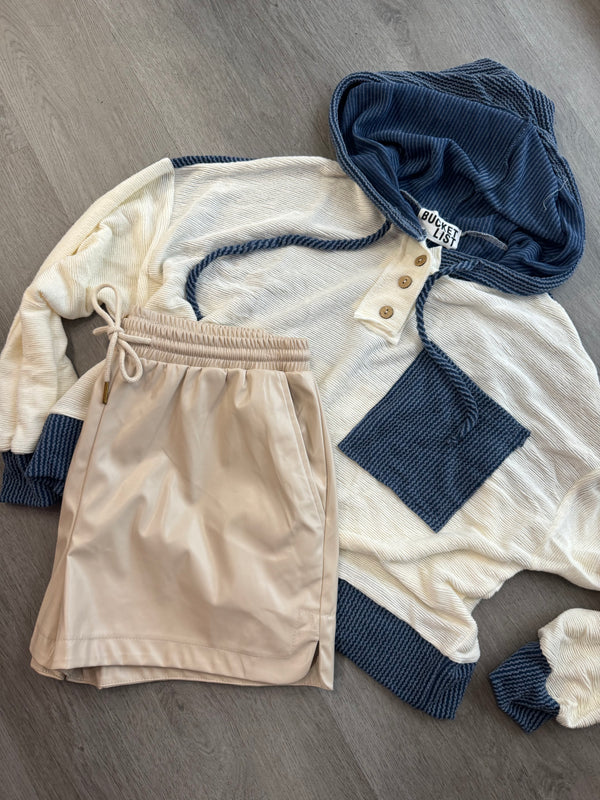 Navy Drawstring Color Contrast Ribbed Top