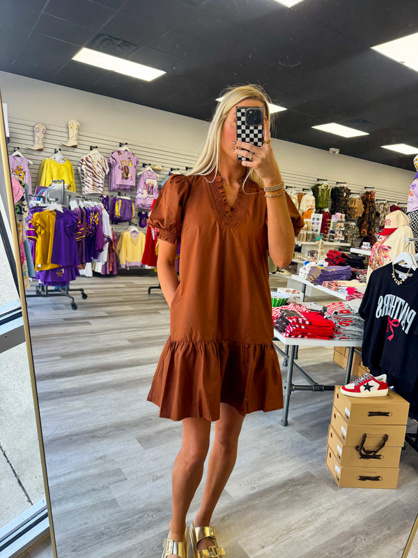 Drawn To You V-Neck Dress - Warm Brown