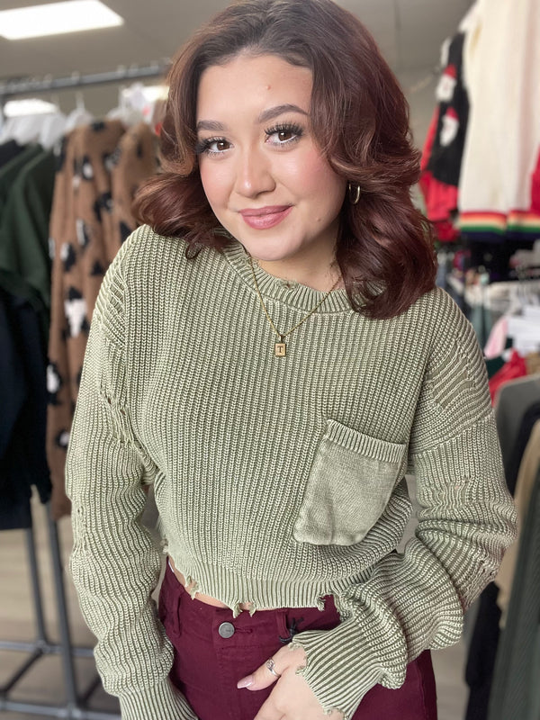 Mineral wash round neck cropped distressed sweater