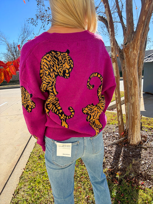 Tiger Purple Cardigan Sweater