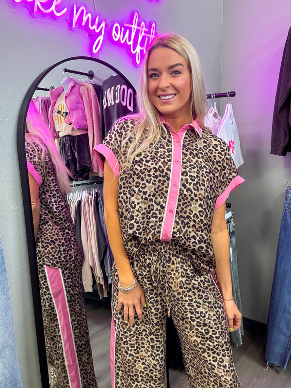 Wild Thing Leopard and Pink Button Down Set