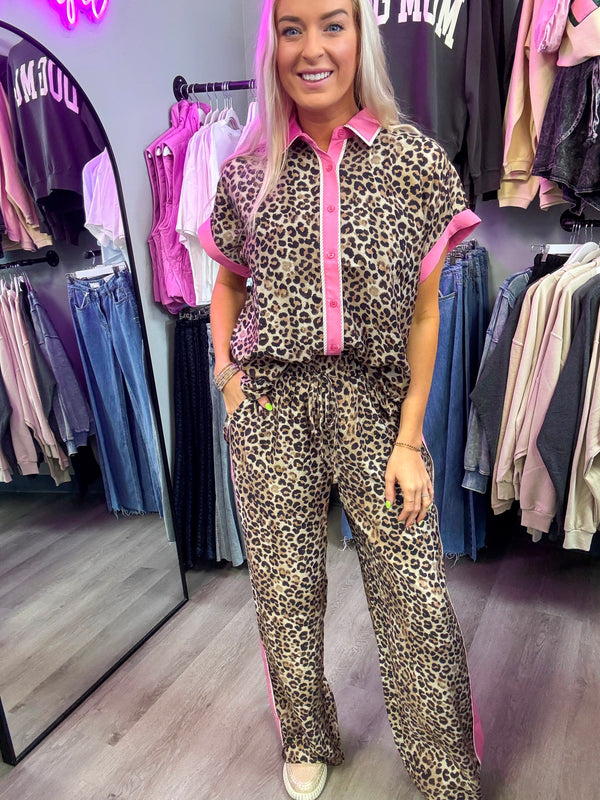 Wild Thing Leopard and Pink Button Down Set