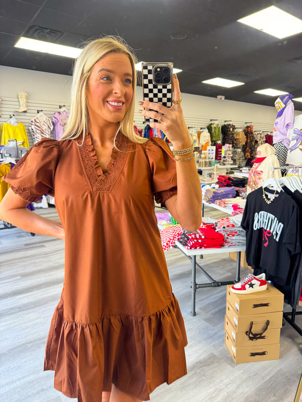 Drawn To You V-Neck Dress - Warm Brown