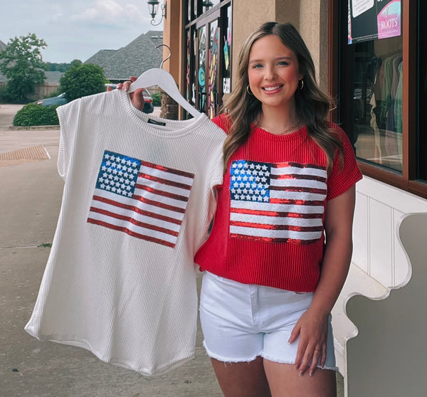 Ribbed American Flag Sequin Top