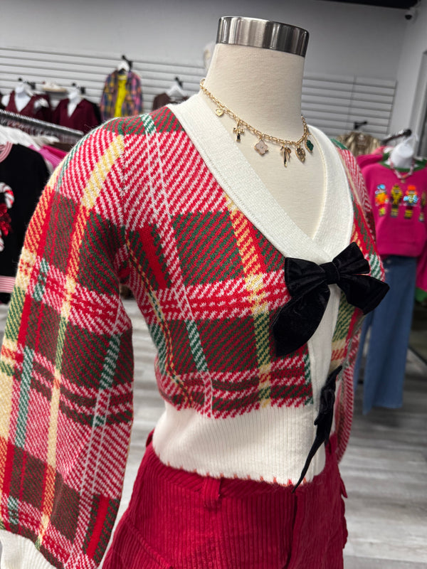 Plaid Sweater with Velvet Bow | Red