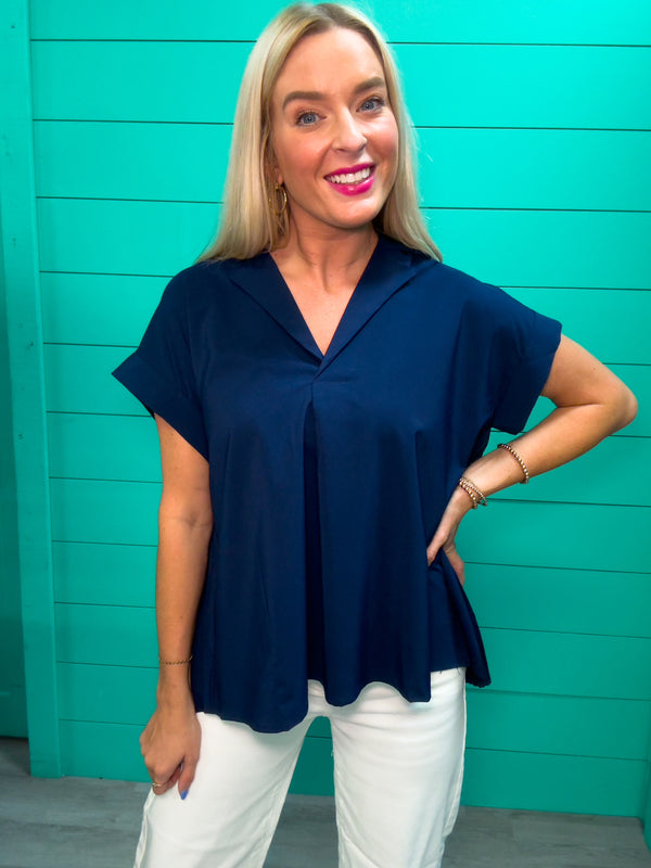 Let's Go There Navy Pleated Back Top