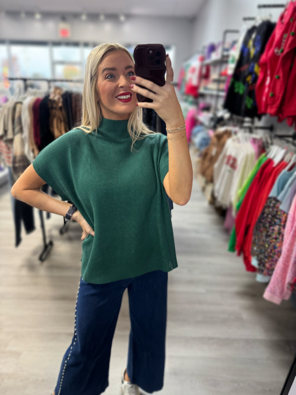 Ribbed knit Short Dolman Sleeves Top Dark Green